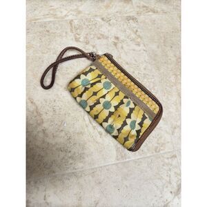 Fossil Coated Canvas Leather Flowered Sunflower Zip Wristlet Pouch Wallet‎